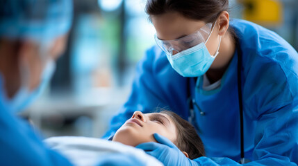 Fototapeta premium Faceless doctors performing CPR on teenage patient in critical condition, life-saving emergency procedure, resuscitation efforts, critical care intervention, urgent medical