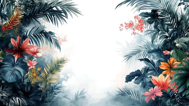 Tropical Jungle Background with Lush Palm and Monstera Leaves