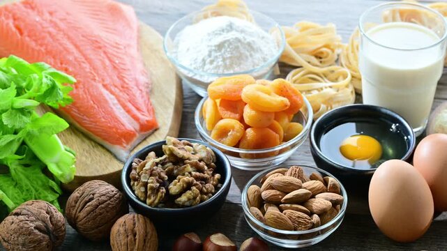 Common food allergens including eggs, milk, soya, nuts, fish, seafood, wheat flour, dried apricots and celery