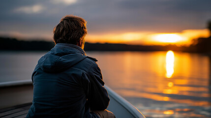 Fototapeta premium Faceless serene man sitting on boat, defocused admiring beautiful sunset over water, nature connection and introspection moment, picturesque backdrop amidst symbolizing, with copy
