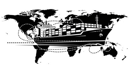 Obraz premium Container ship sailing across world map illustration.