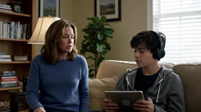 A concerned mother confronts a teenager wearing headphones, using a tablet