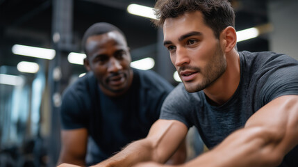 Fototapeta premium Faceless Japanese personal trainer coaching Black male client through sled drag conditioning in functional fitness gym, Asian personal trainer coaching African American athlete,