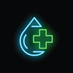 Obraz premium Neon sign depicting a water drop with a medical cross inside, symbolizing the importance of hydration for health and well being