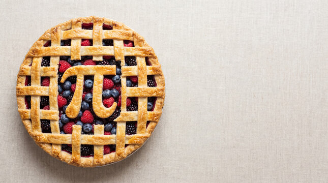 Top view flat lay of a golden-brown berry pie with a mathematical Pi symbol baked into the crust. Pi day background with copy space