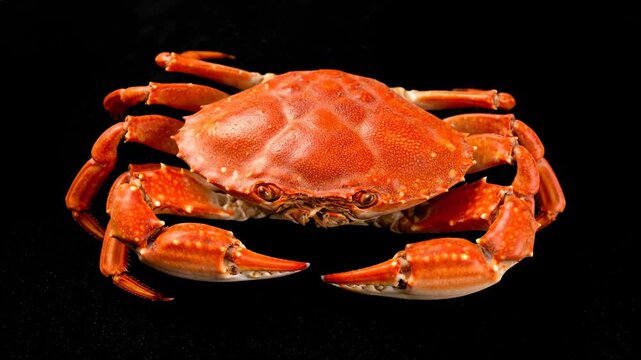 A cooked crab with red shell and claws on black backdrop
