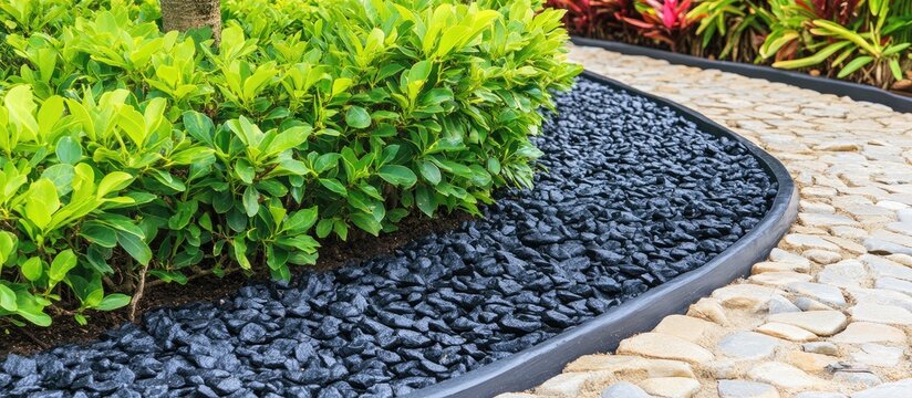 Lush Greenery and Black Pebbles Bordering Stone Pathway, Garden Design.
