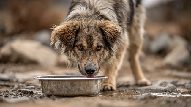 A scruffy dog drinks from a metal bowl outdoors in a rocky, natural environment.