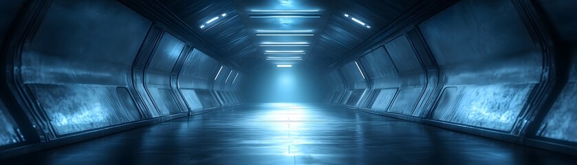Obraz premium Futuristic metallic corridor illuminated by bright blue lights extends into the distance