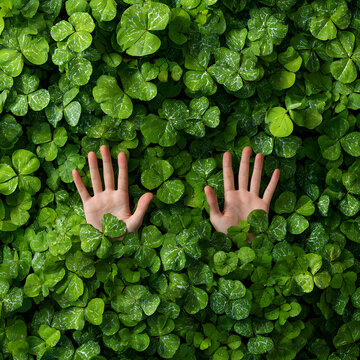 Hands emerging from lush clover leaves, overhead green shamrock background with playful hide and seek concept for St Patrick&rsquo;s Day luck