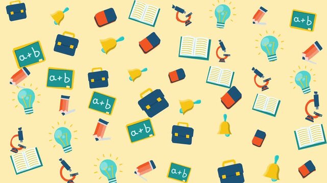 Whimsical yellow school supply icons backdrop for educational projects, stationery designs, and classroom decorations. Great for print and web.