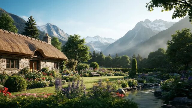 A cottage with a thatched roof nestled by a mountain range