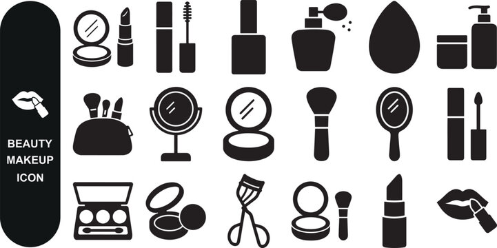 Modern bold silhouette beauty makeup icon set.