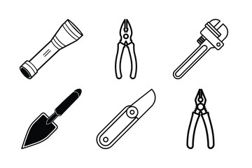 Minimalist Line Art Icon Set of Tools and Hardware Including Flashlight, Pliers, Pipe Wrench, Trowel, and Pocket Knife - Scalable and Editable Vector Illustration
