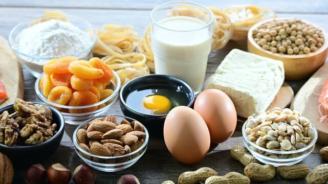 Common food allergens including eggs, milk, soya, nuts, fish, seafood, wheat flour, dried apricots and celery