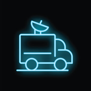 Blue neon icon of a news van with a satellite dish on top, broadcasting live