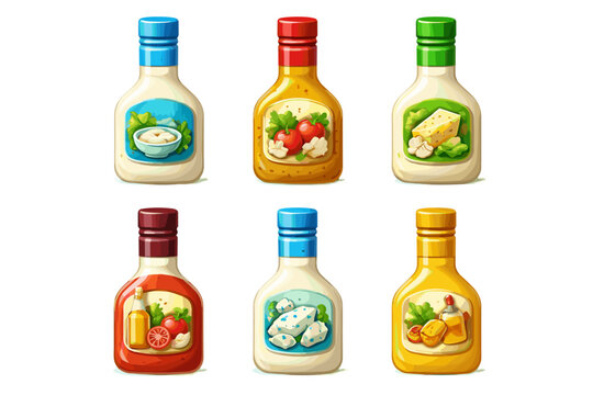 Collection of six cartoon salad dressing bottles with various ingredients depicted on labels