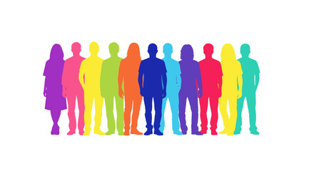 A diverse group of eleven people silhouettes stands in a line, each colored a distinct vibrant rainbow hue.