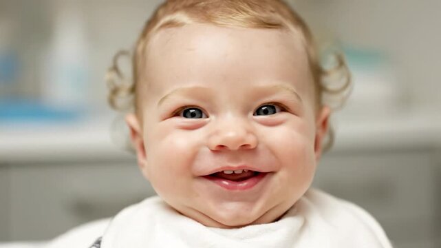 Close-up of a smiling baby with bright eyes, revealing small teeth, wearing a bib