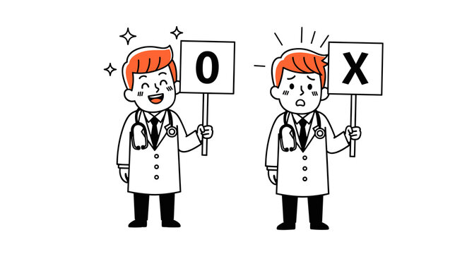 Two doctors holding signs, one happy with a O for correct and one sad with an X for incorrect.