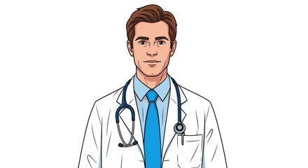 Fototapeta premium A confident male doctor wears a white lab coat and stethoscope, looking directly at the viewer.