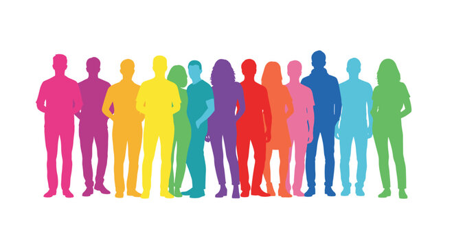 A diverse group of men and women stand together in colorful silhouettes, facing forward on a white background.