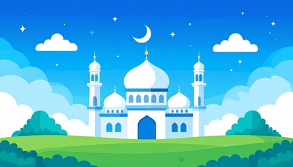 Fototapeta premium White mosque under crescent moon night sky peaceful Islamic architecture vector illustration