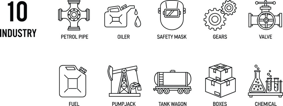 Industry icons with labels for petrol pipe, oiler, safety mask, gears, valve, fuel, pump jack, tank wagon, boxes, chemical