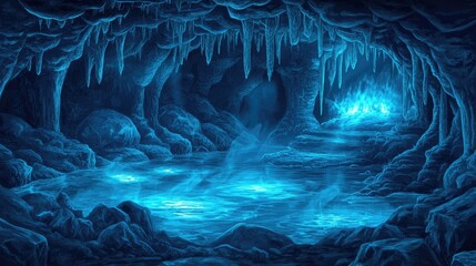 Luminous Blue Ice Cave: Ethereal Glow, Glowing Water, and Mystical Formations