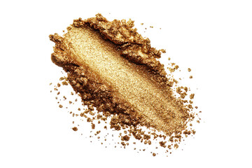 Close up of golden eyeshadow powder swatched isolated on transparent background. Golden shimmer cosmetic powder makeup swatch texture isolated on white background.
