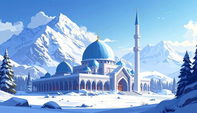 Majestic snow-covered mosque with minaret in mountain winter landscape blue sky