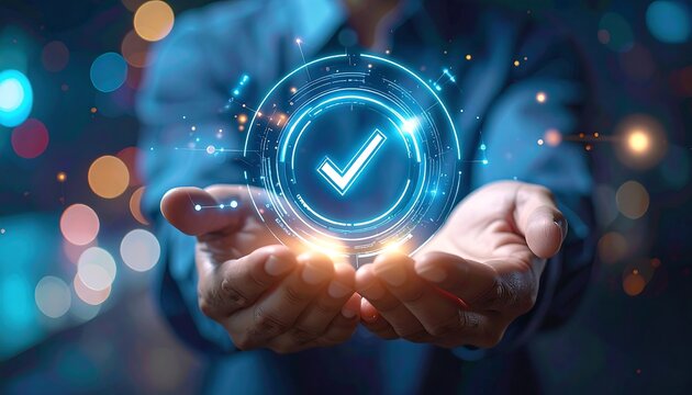 Businessman's cupped hands presenting a glowing checkmark within a digital interface