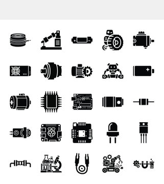 This image showcases a collection of black glyph icons representing various components of robotics automation and electrical engineering high quality professional detailed modern elegant stylish