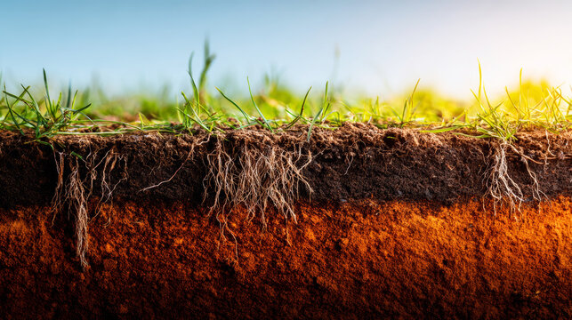 Cross section revealing healthy green grass growing from dark topsoil with roots extending into the reddish brown earth layers