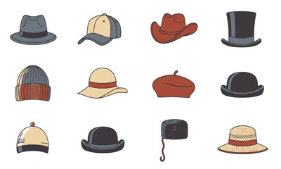 Explore a diverse collection of illustrated hats, showcasing a variety of headwear styles like fedoras, sun hats, beanies, and baseball caps, ideal for fashion themes