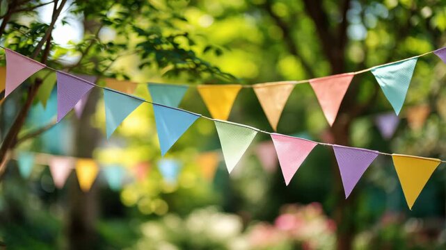 Colorful pastel bunting flags hang outdoors in soft aesthetic garden decoration with blurred green foliage and sunlight creating warm festive mood