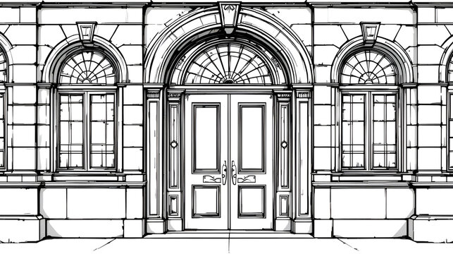 Elegant double door with arched transom window, fanlight side panels, classic architectural design, black and white illustration, symmetrical building entrance