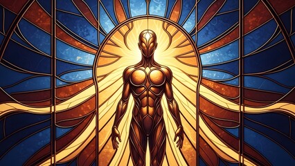 A stained glass window depicts a humanoid figure with radiant aura standing in a kaleidoscope of colors and light