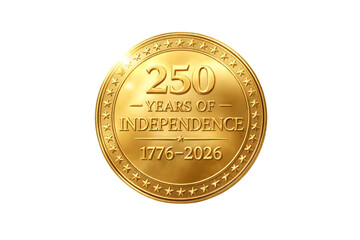 Gold 250th anniversary independence commemorative coin celebrating 1776-2026 with stars isolated on transparent background