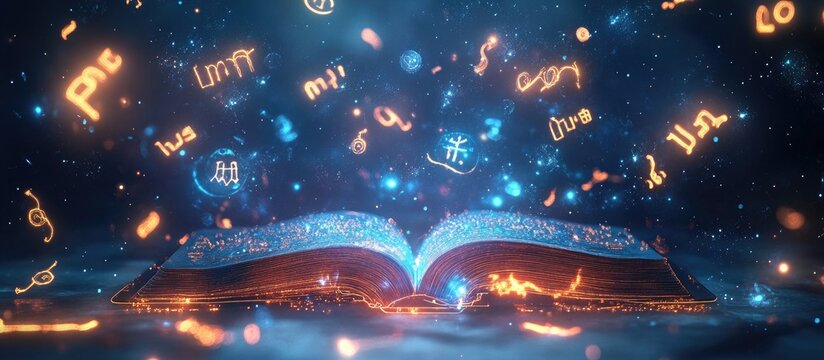 Luminous Grimoire Unveiling Ancient Glyphs Amidst a Celestial Starfield