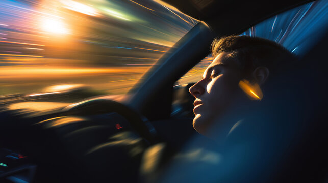 Male driver falling asleep at the wheel, head tilted forward, while car moves fast creating light trails and motion blur