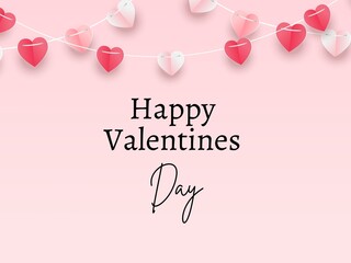 valentine card with pink hearts. Lettering Happy Valentine's Day. Red heart on a pink background