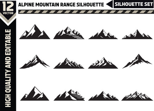 Minimalist Alpine mountain range silhouette illustration. Majestic peaks of the Alps for travel, hiking, and nature-themed graphic design projects.