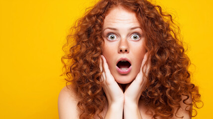 Fototapeta premium Young woman covering cheeks with hands, expressing surprise and shock, having curly red hair on yellow background