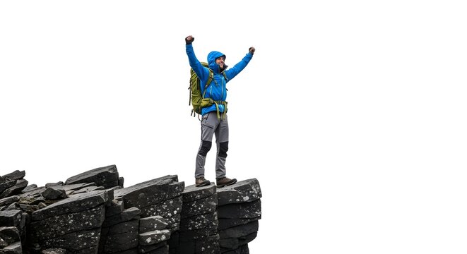 Adventure hiker celebrating success on a mountain peak, arms raised in triumph against a clean white background