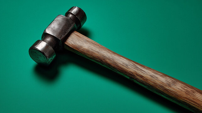 Rusty ball peen hammer on green surface