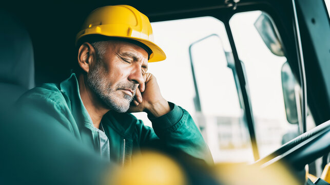 Mature man driver feeling fatigue and sleepiness while resting in his truck, eyes closed, needing a break