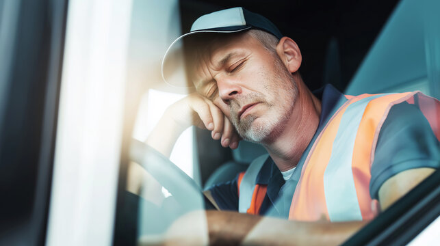Truck driver with safety vest sleeping at the wheel, indicating job related exhaustion, long hours, and the risks of fatigue