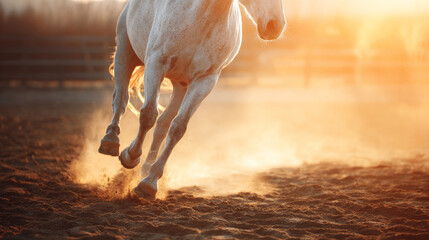 Fototapeta premium White horse galloping vigorously across sandy arena, powerful body creating dust cloud during beautiful sunset