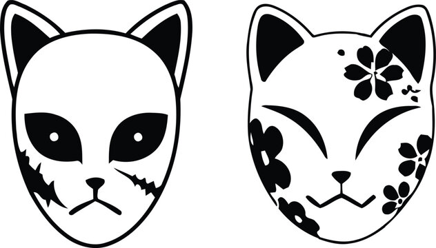 Japanese Kitsune Fox Mask Vector Set - Traditional Fox Spirit Masks with Floral and Scar Designs